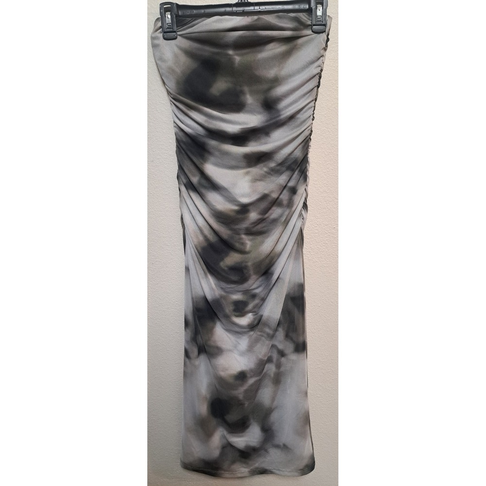 Liz & Sara Maxi Dress M Gray Black Tie Dye Ruched Bodycon Sleeveless
